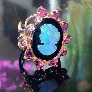 Cameo Ring Genuine Opal Rhodolite CZ